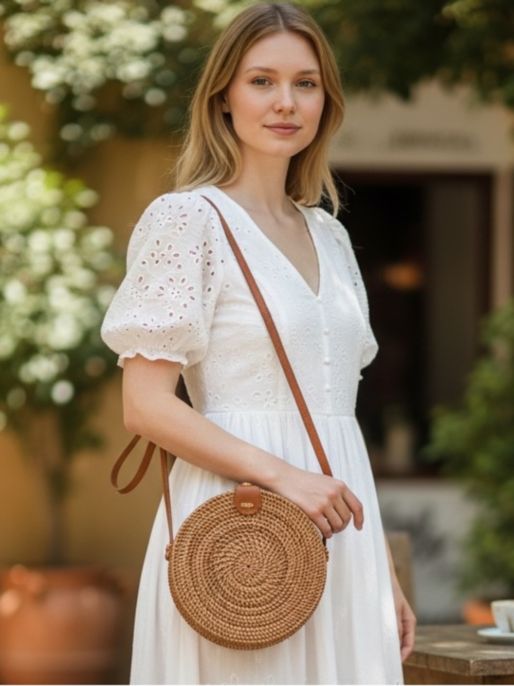 Woven Round Crossbody Bag in Tan